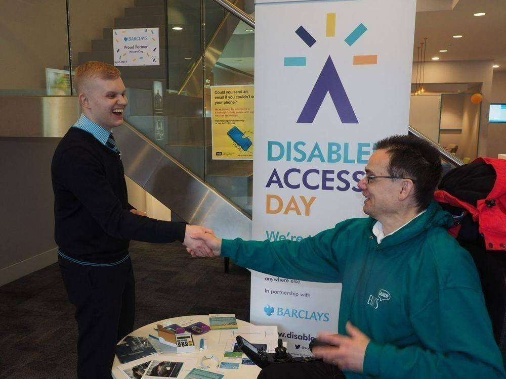 Paul visits Barclay's Bank on Disabled Access Day as part of the nationwide celebrations.